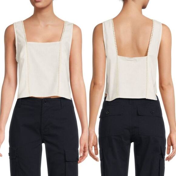 Marine Layer Stella Tank Top Lace Trim Square Neck Sleeveless Crop White NWT L - Picture 2 of 6